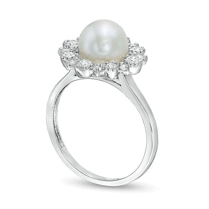 8.0mm Freshwater Cultured Pearl and 0.38 CT. TW Diamond Sunburst Frame Ring in 14K White Gold