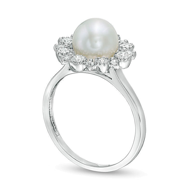 8.0mm Freshwater Cultured Pearl and 0.38 CT. TW Diamond Sunburst Frame Ring in 14K White Gold