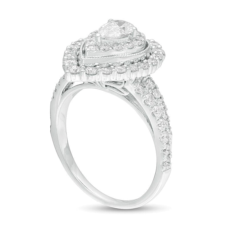 1.5 CT. TW Pear-Shaped Diamond Double Frame Vintage-Style Engagement Ring in 14K White Gold