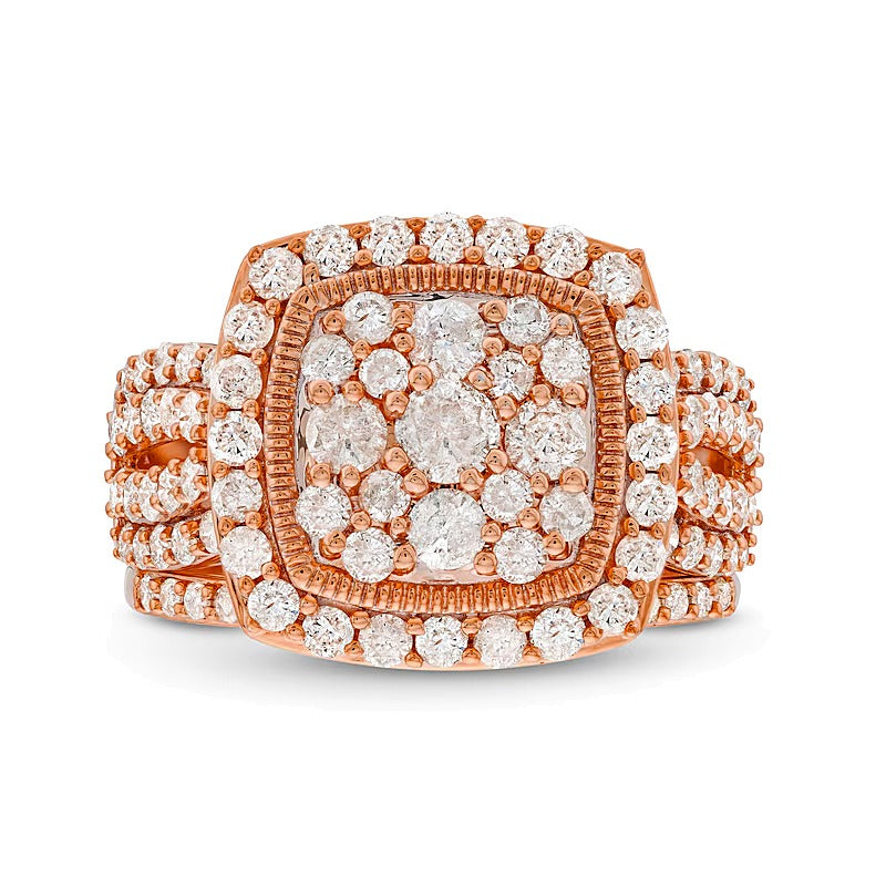 2.0 CT. TW Cushion Multi-Diamond Frame Split Shank Vintage-Style Bridal Set in 10K Rose Gold