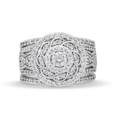 1.5 CT. TW Diamond Frame Celtic-Style Flower Bridal Set in 10K White Gold