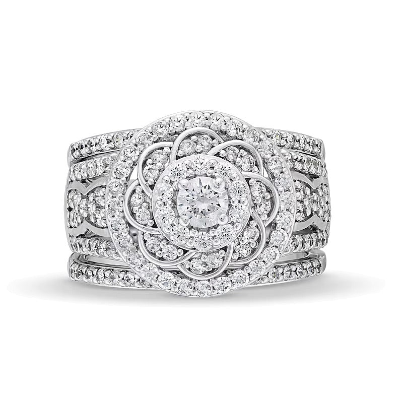 1.5 CT. TW Diamond Frame Celtic-Style Flower Bridal Set in 10K White Gold