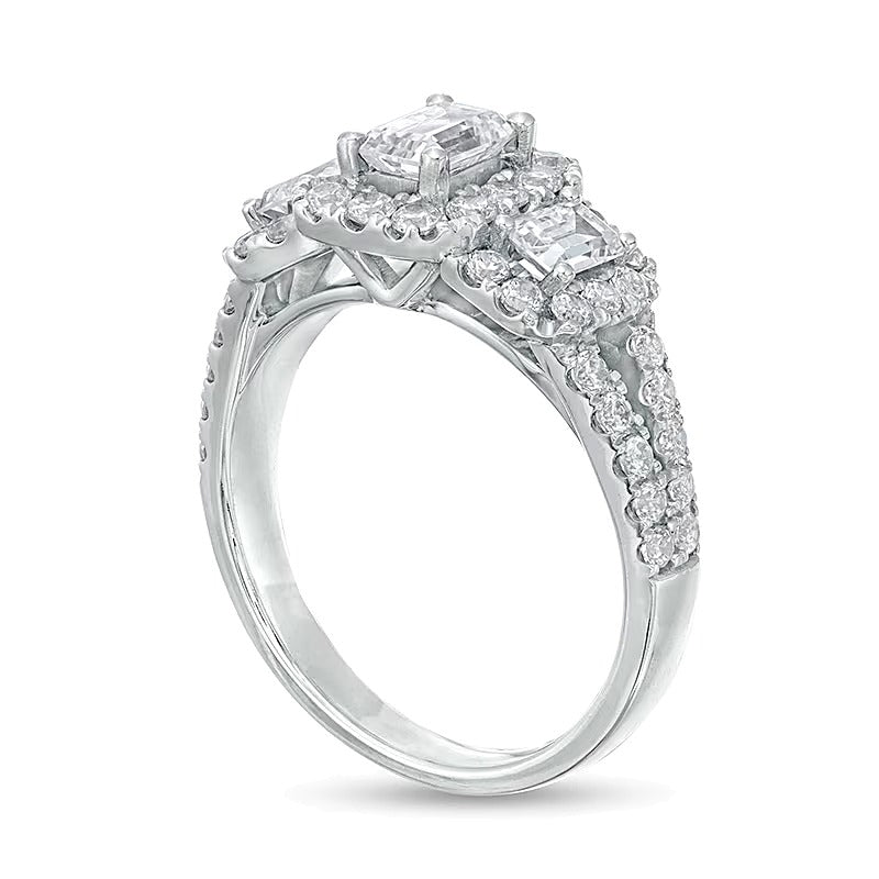 Previously Owned 2.0 CT. TW Emerald-Cut Diamond Past Present FutureÂ® Split Shank Engagement Ring in 14K White Gold
