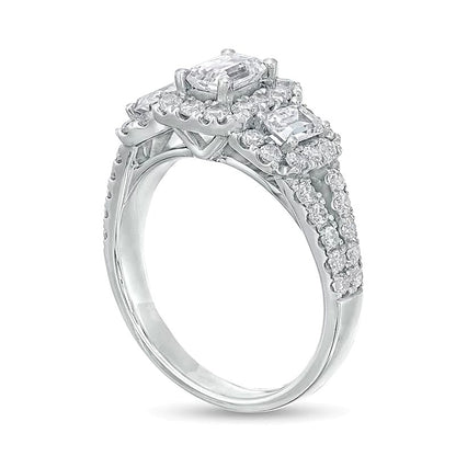 Previously Owned 2.0 CT. TW Emerald-Cut Diamond Past Present FutureÂ® Split Shank Engagement Ring in 14K White Gold