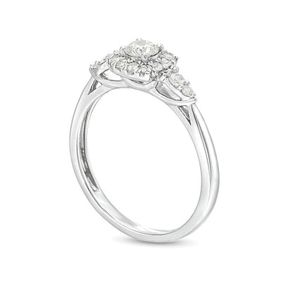 0.5 CT. TW Diamond Cushion-Shaped Frame Leaf-Sides Engagement Ring in 10K White Gold (J/I3)