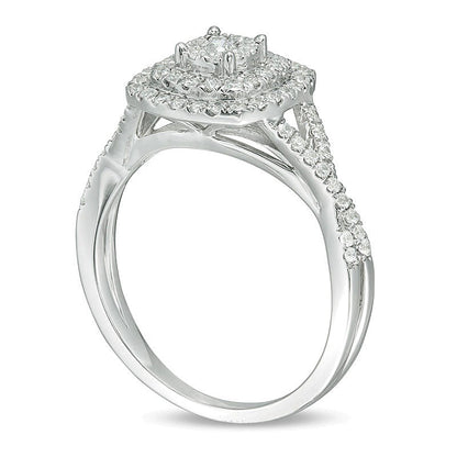 0.5 CT. TW Diamond Triple Cushion Frame Crossover Shank Engagement Ring in 10K White Gold