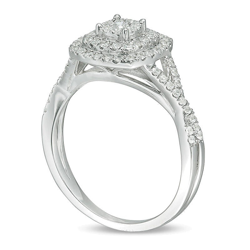 0.5 CT. TW Diamond Triple Cushion Frame Crossover Shank Engagement Ring in 10K White Gold