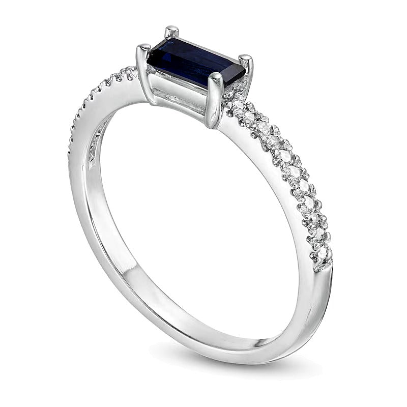 Sideways Baguette Lab-Created Blue Sapphire and 0.1 CT. TW Diamond Stackable Ring in 10K White Gold