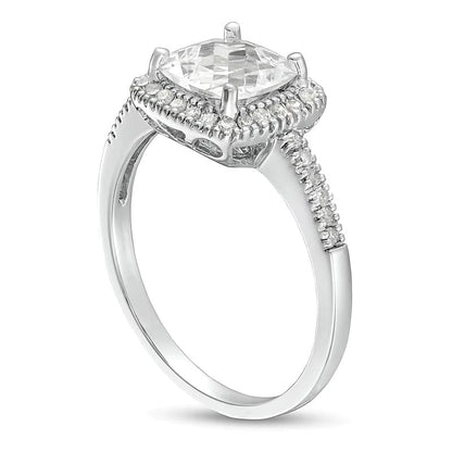 7.0mm Checkerboard Cushion-Shaped White Lab-Created Sapphire and 0.2 CT. TW Diamond Frame PavÃ© Ring in 10K White Gold