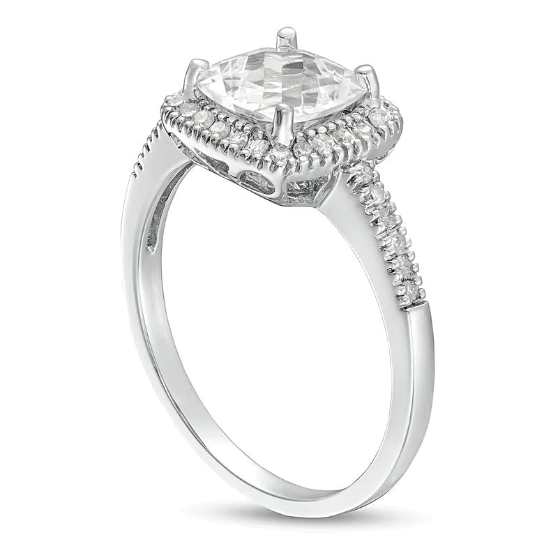 7.0mm Checkerboard Cushion-Shaped White Lab-Created Sapphire and 0.2 CT. TW Diamond Frame PavÃ© Ring in 10K White Gold