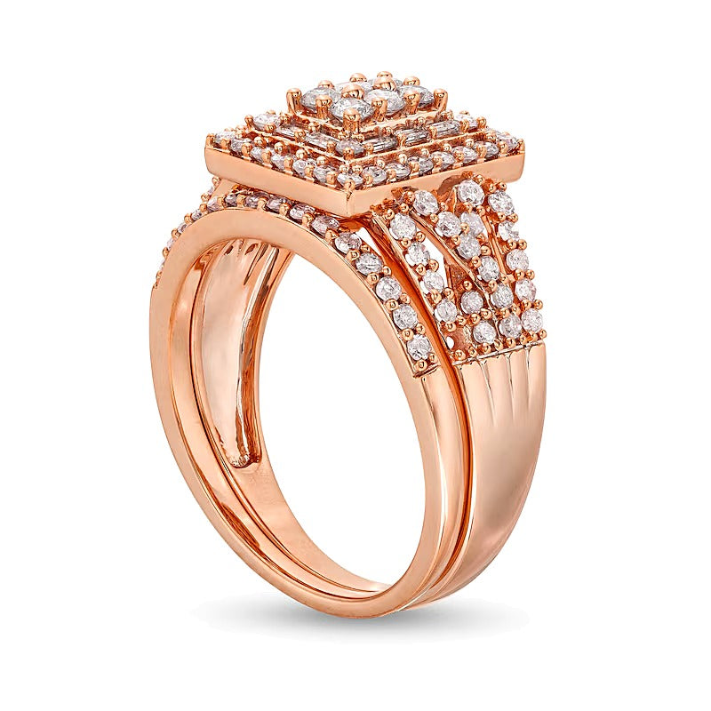 1.0 CT. TW Rectangle Multi-Diamond Twist Split Shank Bridal Set in 10K Rose Gold
