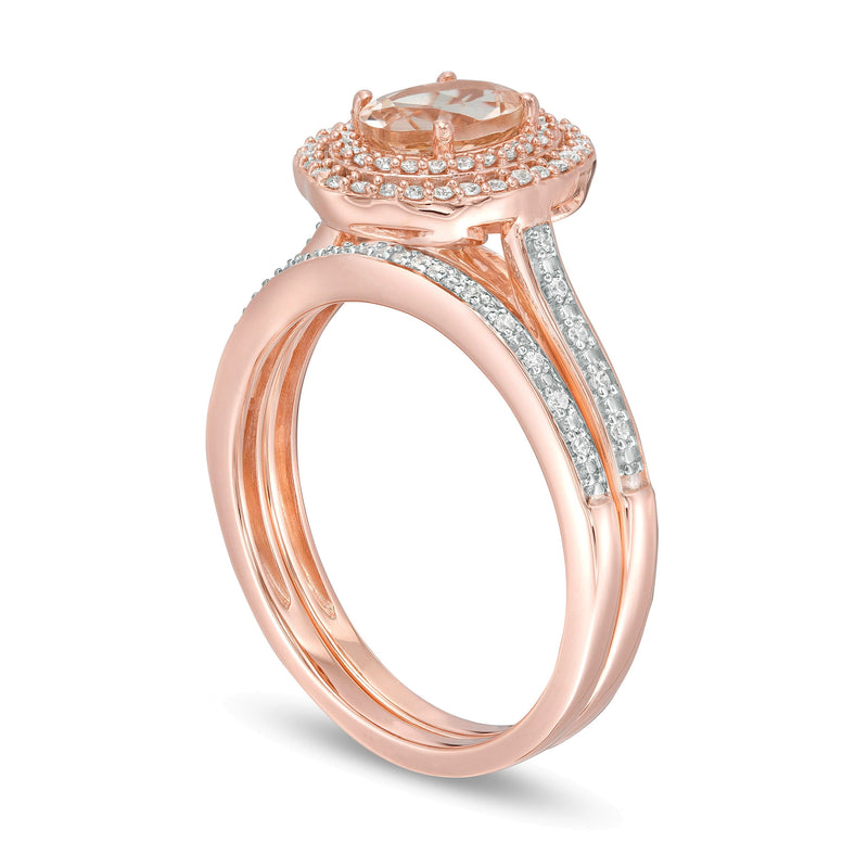 Oval Morganite and 0.25 CT. TW diamond Double Frame Floral Bridal Set in 10K Rose Gold