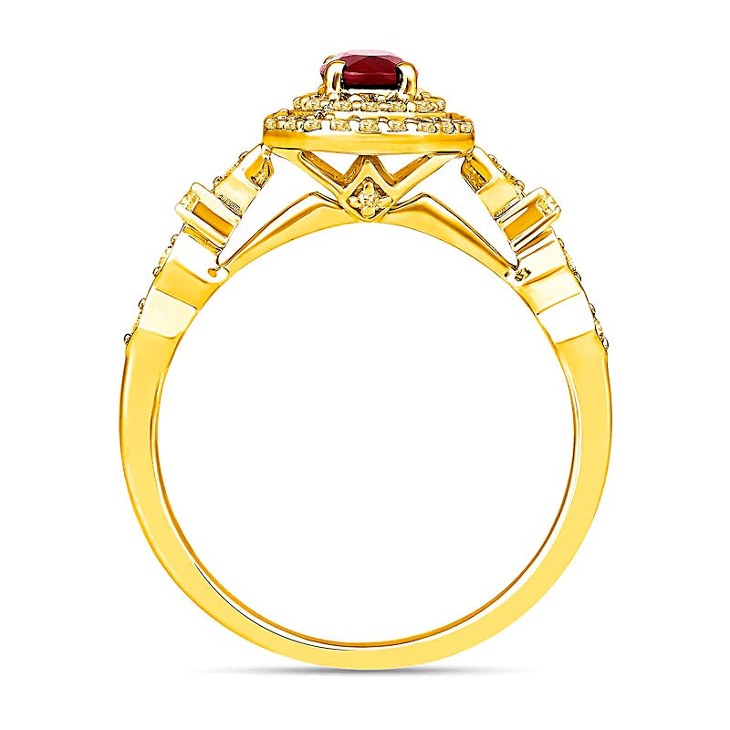Oval Ruby and 0.33 CT. TW Diamond Octagon Frame Art Deco Ring in 10K Gold