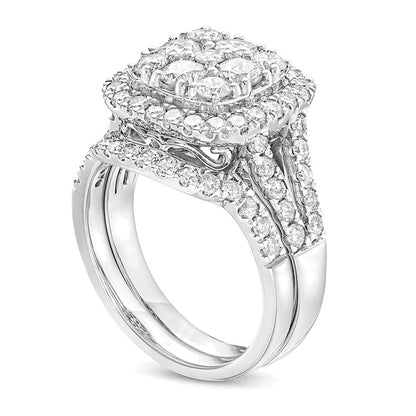 2.25 CT. TW Cushion-Shaped Multi-Diamond Frame Split Shank Bridal Set in 14K White Gold