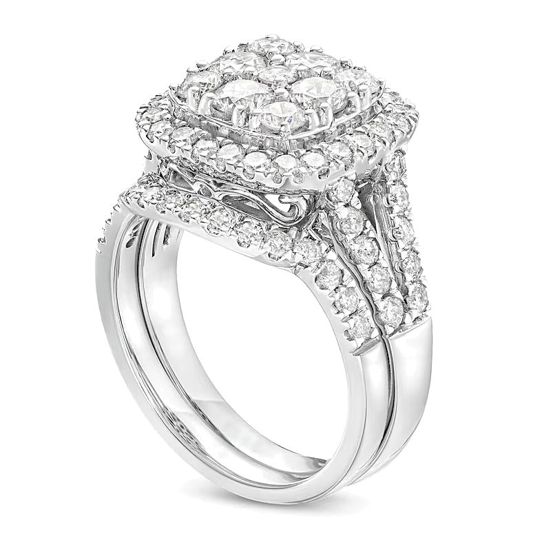 2.25 CT. TW Cushion-Shaped Multi-Diamond Frame Split Shank Bridal Set in 14K White Gold