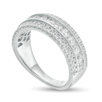 1.33 CT. TW Diamond Triple Row Vintage-Style Anniversary Ring in 10K White Gold