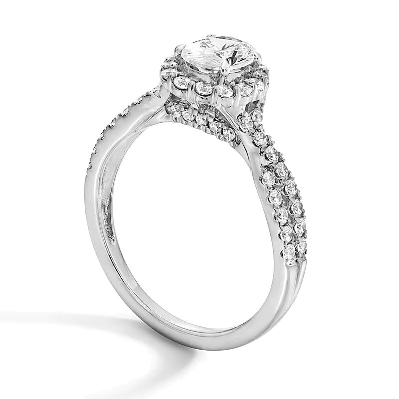 1.0 CT. TW Oval Lab-Grown Diamond Frame Engagement Ring with Crossover Shank in Platinum (F/SI2)