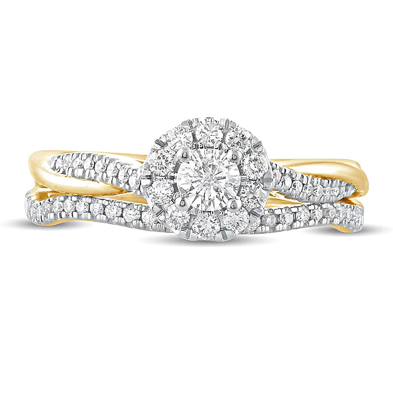 0.5 CT. TW Diamond Frame Twist Shank Bridal Set in 10K Gold