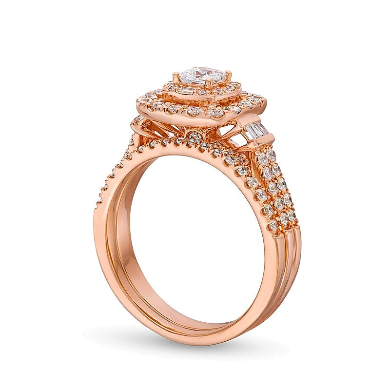 1.0 CT. TW Princess-Cut Diamond Cushion Frame Double Row Bridal Set in 10K Rose Gold