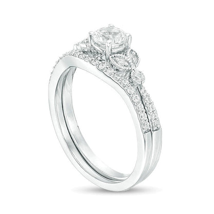 4.5mm Lab-Created White Sapphire and 0.17 CT. TW Diamond Leaf-Sides Vintage-Style Bridal Set in Sterling Silver