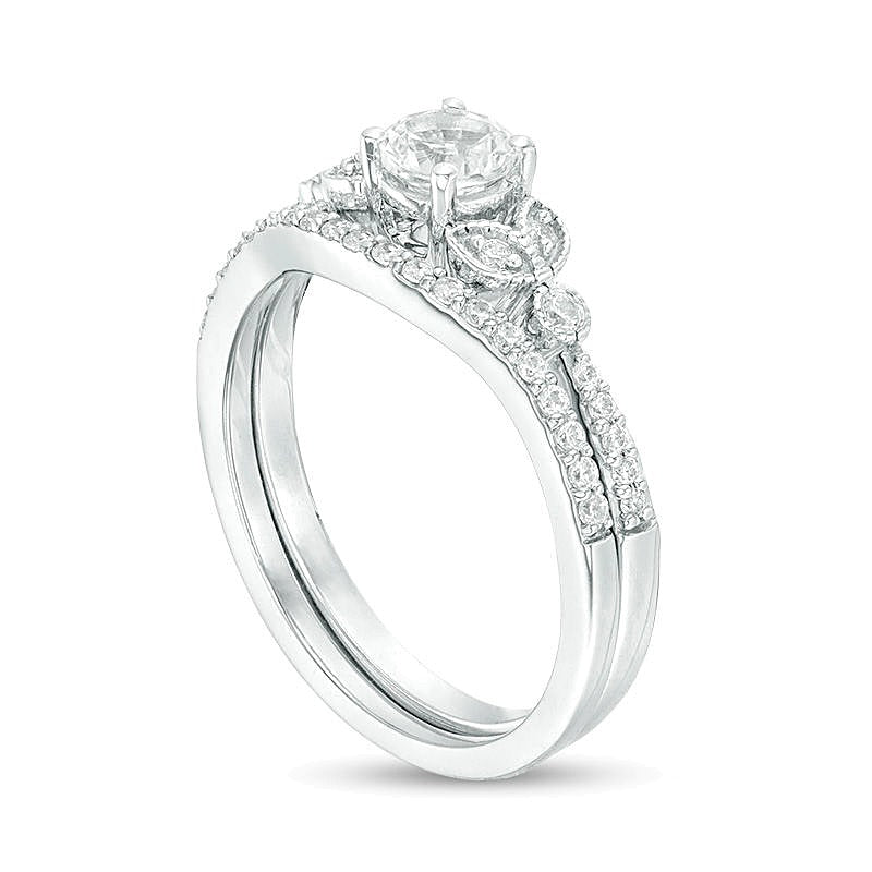 4.5mm Lab-Created White Sapphire and 0.17 CT. TW Diamond Leaf-Sides Vintage-Style Bridal Set in Sterling Silver