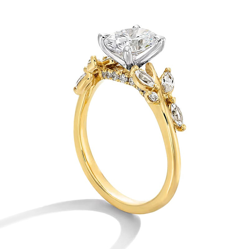 1.33 CT. TW Oval Lab-Grown Diamond Leaf Shank Engagement Ring in 14K Gold (F/VS2)