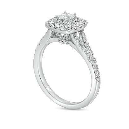 1.0 CT. TW Princess-Cut Diamond Double Cushion-Shaped Frame Split Shank Engagement Ring in 14K White Gold