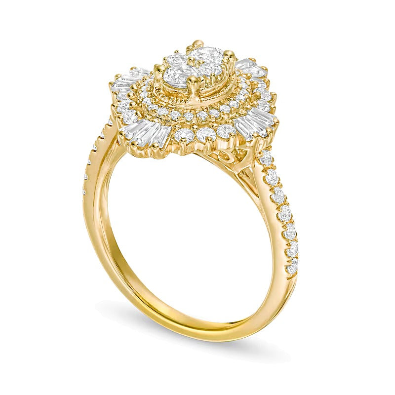 1.25 CT. TW Composite Diamond Oval Starburst Frame Ring in 14K Gold
