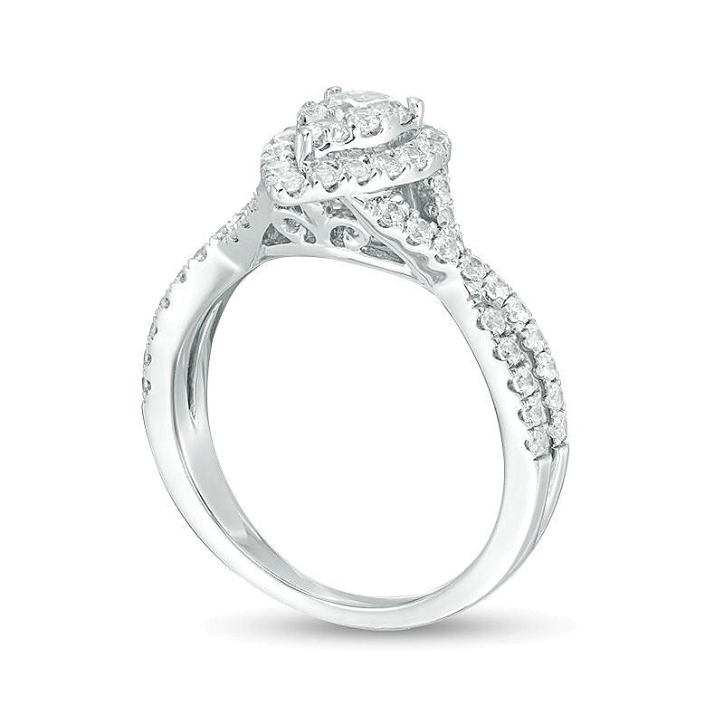 1.25 CT. TW Composite Diamond Pear-Shaped Frame Twist Shank Engagement Ring in 14K White Gold