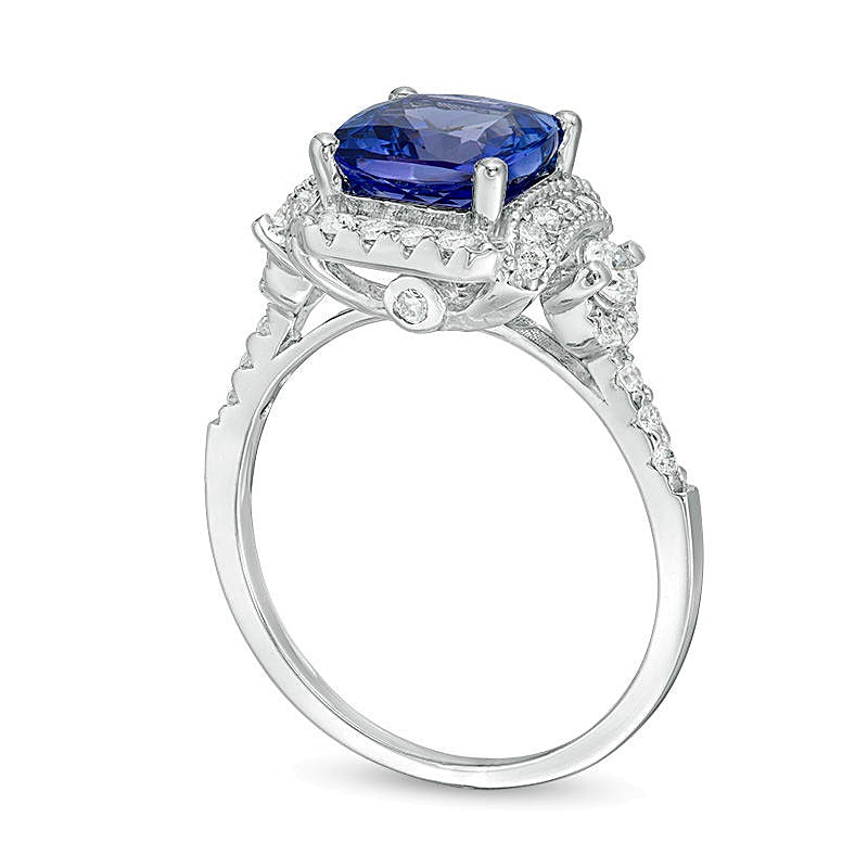 8.0mm Cushion-Cut Tanzanite and 0.5 CT. TW Diamond Octagonal Frame Side Accent Ring in 14K White Gold