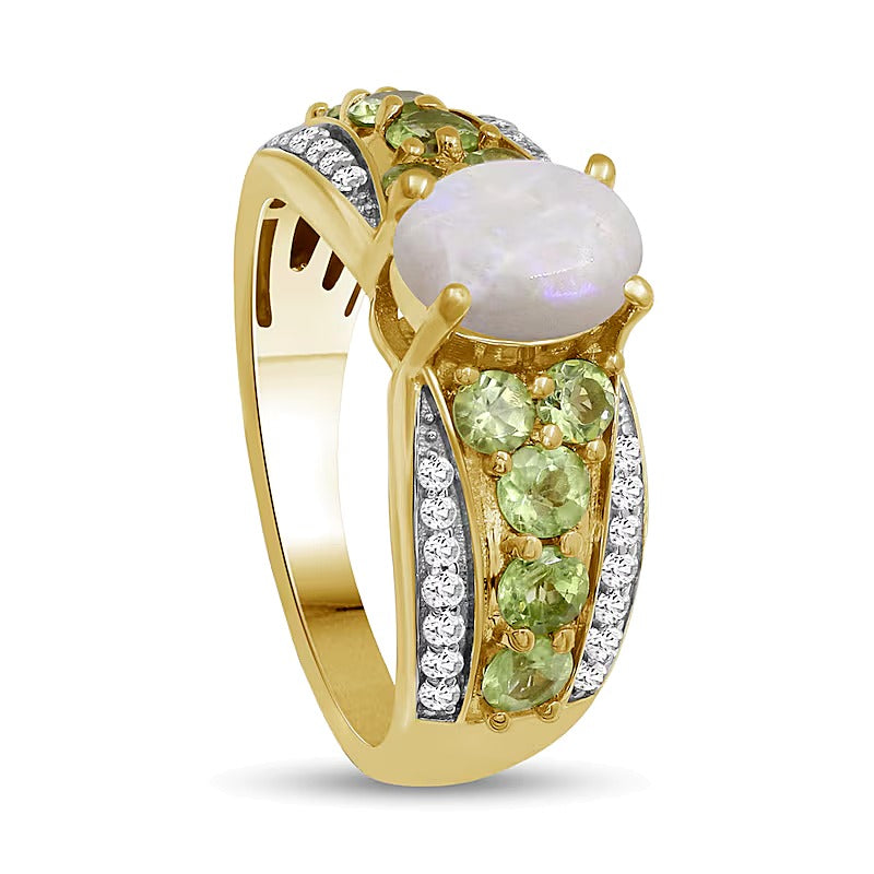 Oval Opal and Peridot with White Lab-Created Zircon Triple Row Tapered Shank Ring in Sterling Silver with 14K Gold Plate