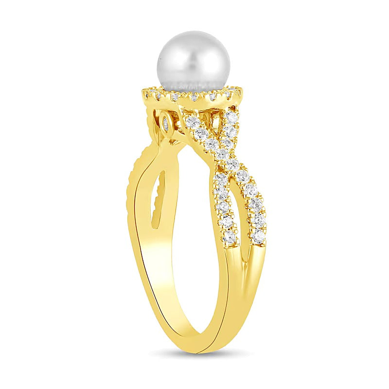 6.0mm Freshwater Cultured Pearl and 0.5 CT. TW Lab-Grown Diamond Frame Crossover Shank Ring in 14K Gold