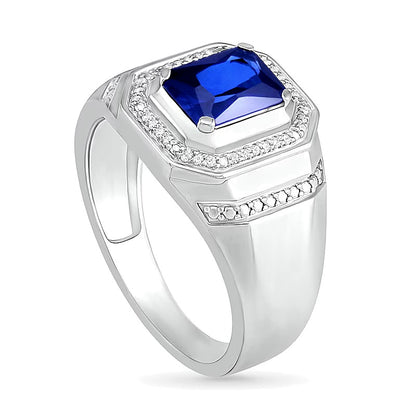 Emerald-Cut Blue Lab-Created Sapphire and 0.1 CT. TW Diamond Octagonal Frame Collar Ring in Sterling Silver
