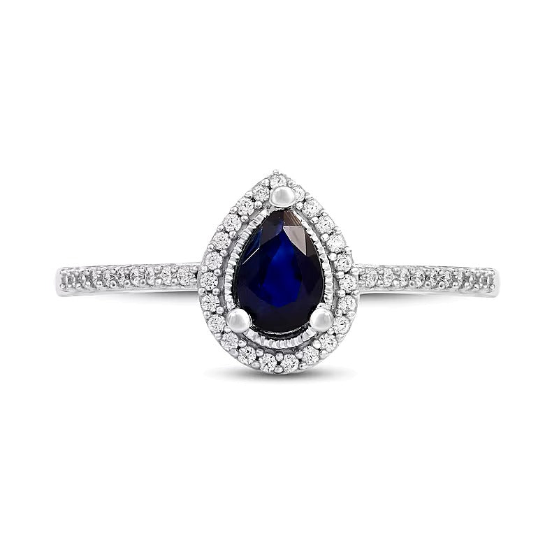 Pear-Shaped Blue Sapphire and 0.1 CT. TW Diamond Frame Vintage-Style Ring in 10K White Gold