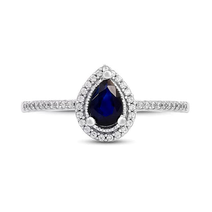 Pear-Shaped Blue Sapphire and 0.1 CT. TW Diamond Frame Vintage-Style Ring in 10K White Gold