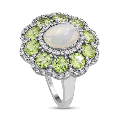 Oval Opal and Peridot with White Lab-Created Sapphire Edge Scallop Petal Frame Floral Ring in Sterling Silver