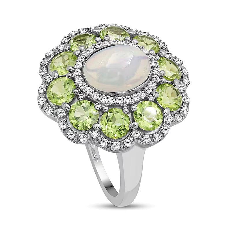 Oval Opal and Peridot with White Lab-Created Sapphire Edge Scallop Petal Frame Floral Ring in Sterling Silver
