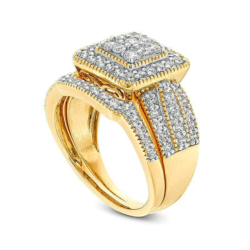 1.25 CT. TW Multi-Diamond Square Frame Vintage-Style Multi-Row Bridal Set in 10K Gold