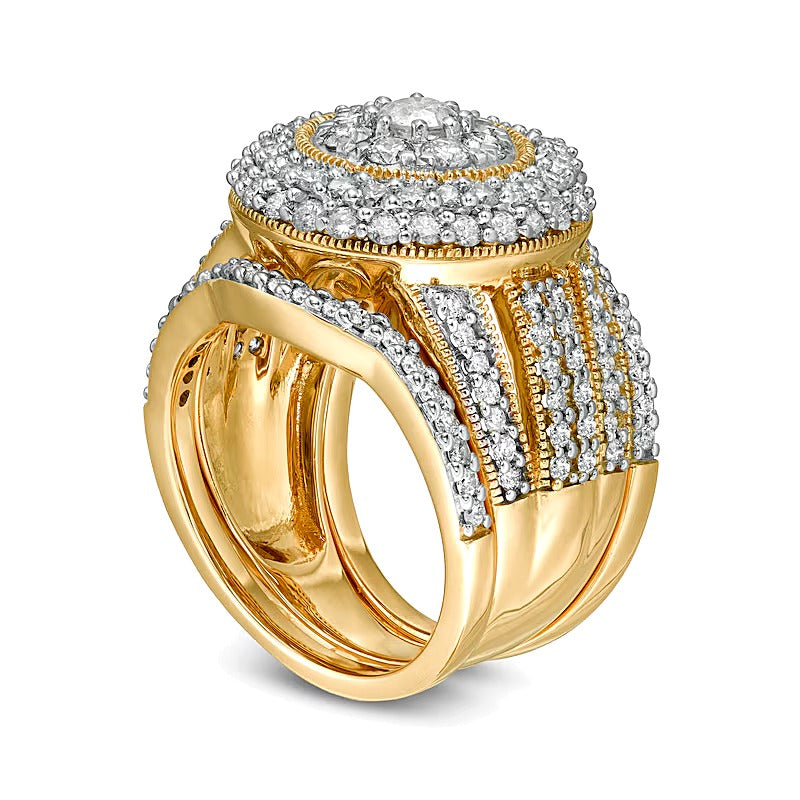 2.25 CT. TW Multi-Diamond Multi-Row Vintage-Style Three Piece Bridal Set in 10K Gold