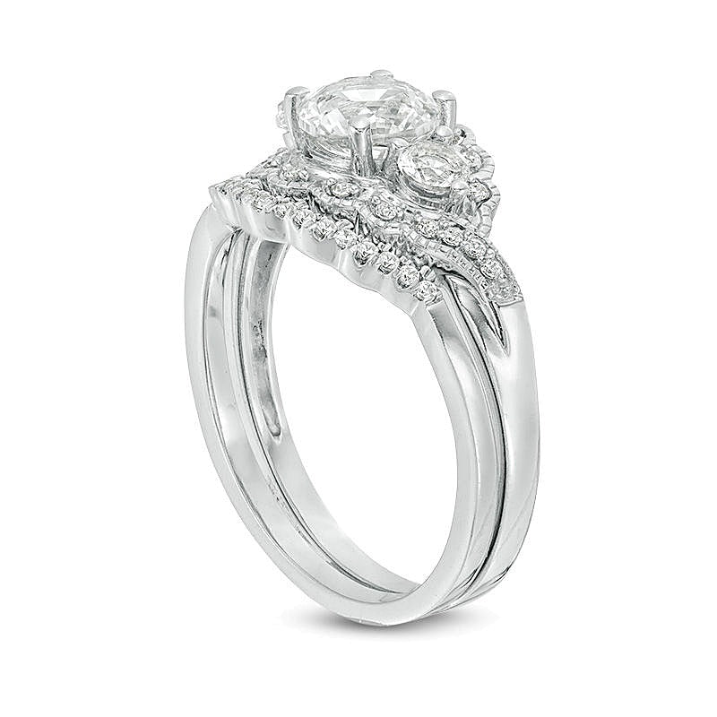 Lab-Created White Sapphire and 0.17 CT. TW Diamond Three Stone Bypass Vintage-Style Bridal Set in Sterling Silver