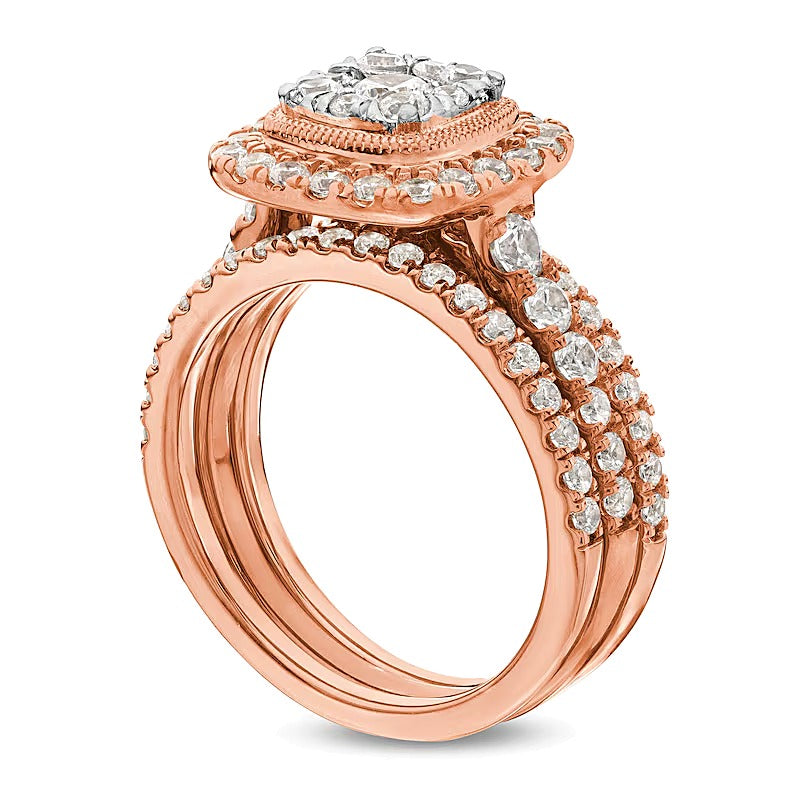 1.5 CT. TW Cushion Multi-Diamond Frame Three Piece Bridal Set in 10K Rose Gold