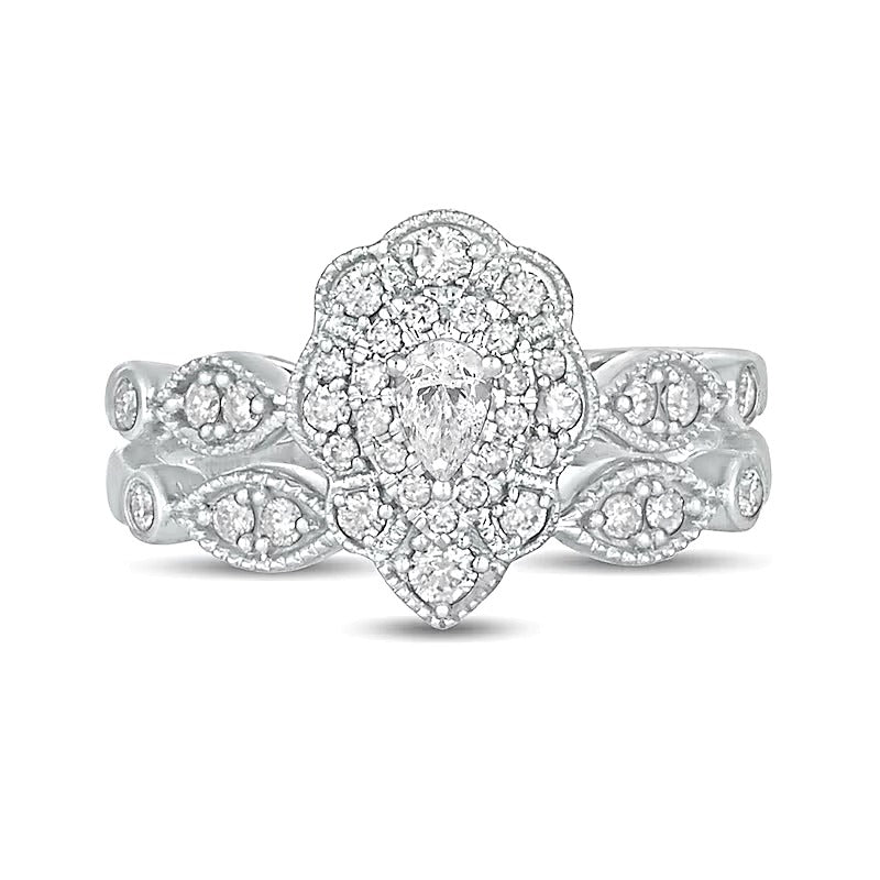 0.63 CT. TW Pear-Shaped Diamond Double Petal Frame Vintage-Style Bridal Set in 10K White Gold