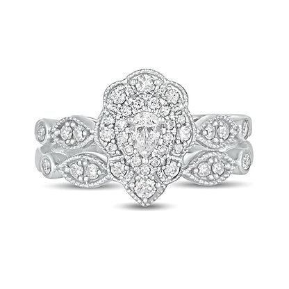 0.63 CT. TW Pear-Shaped Diamond Double Petal Frame Vintage-Style Bridal Set in 10K White Gold