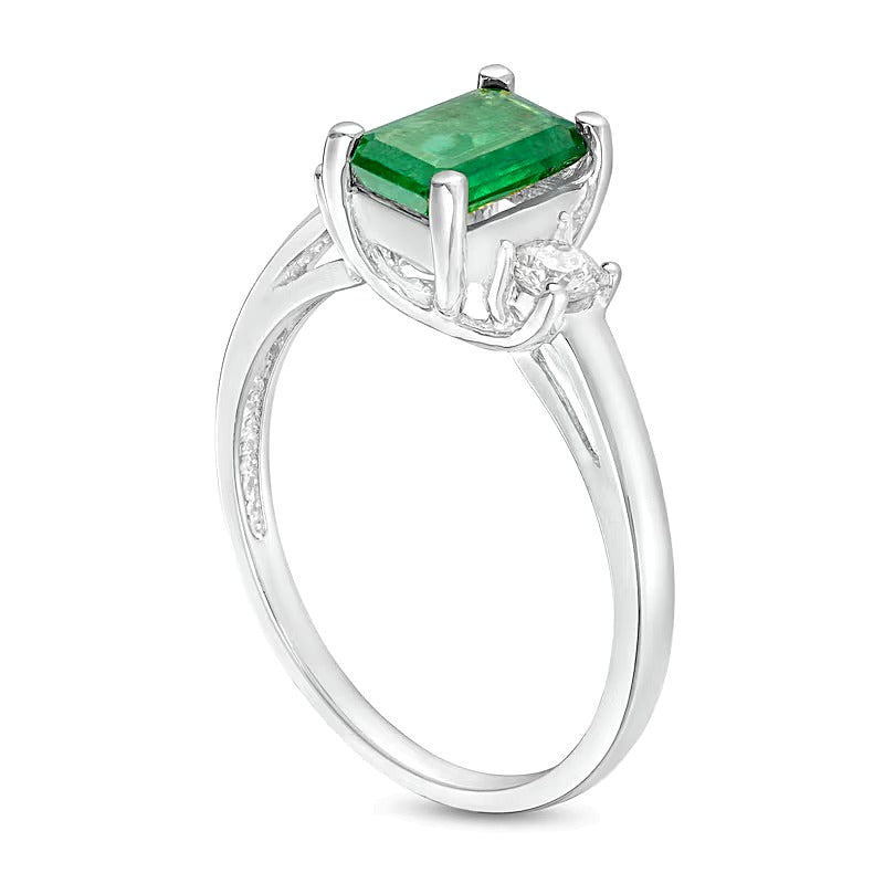 Emerald-Cut Emerald and 0.2 CT. TW Diamond Three Stone Ring in 14K White Gold