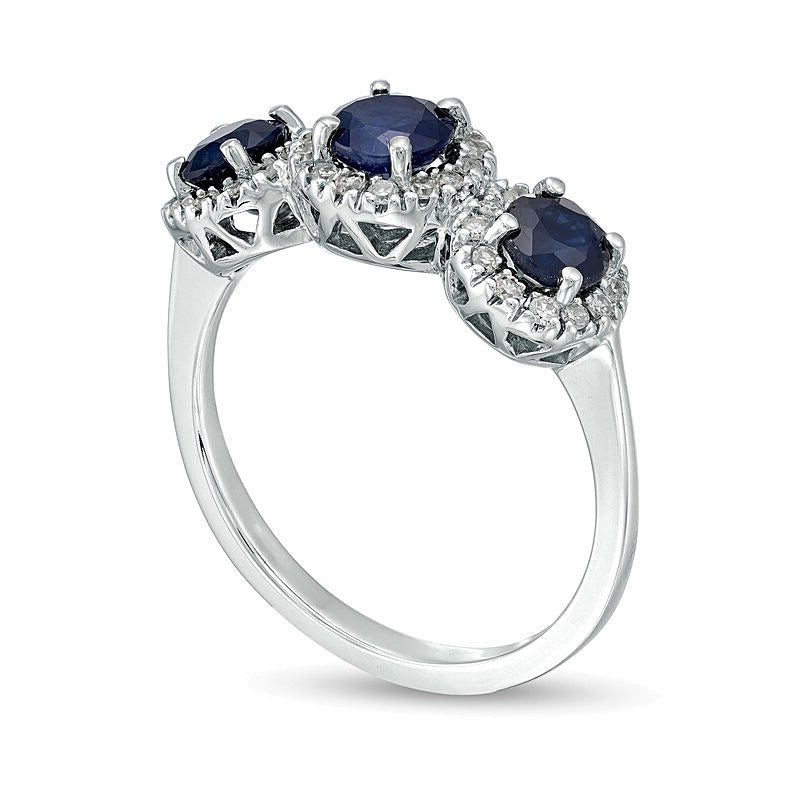 4.5mm Blue Sapphire and 0.2 CT. TW Diamond Three Stone Frame Ring in 14K White Gold