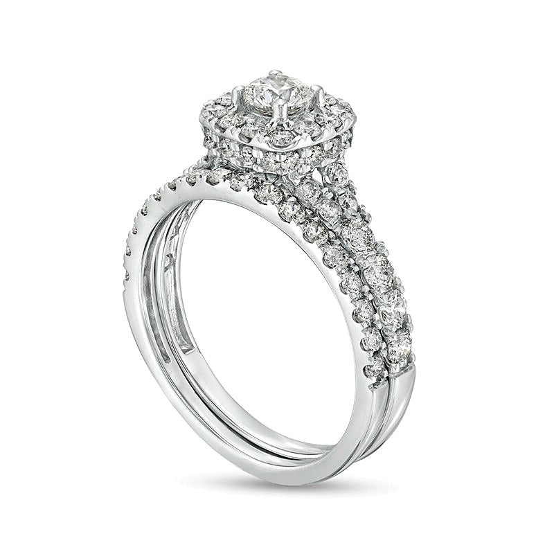 1.5 CT. TW Diamond Cushion-Shaped Frame Split Shank Bridal Set in 10K White Gold