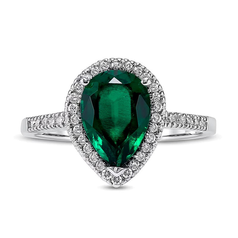 Pear-Shaped Lab-Created Emerald and 0.2 CT. TW Diamond Frame Ring in 14K White Gold