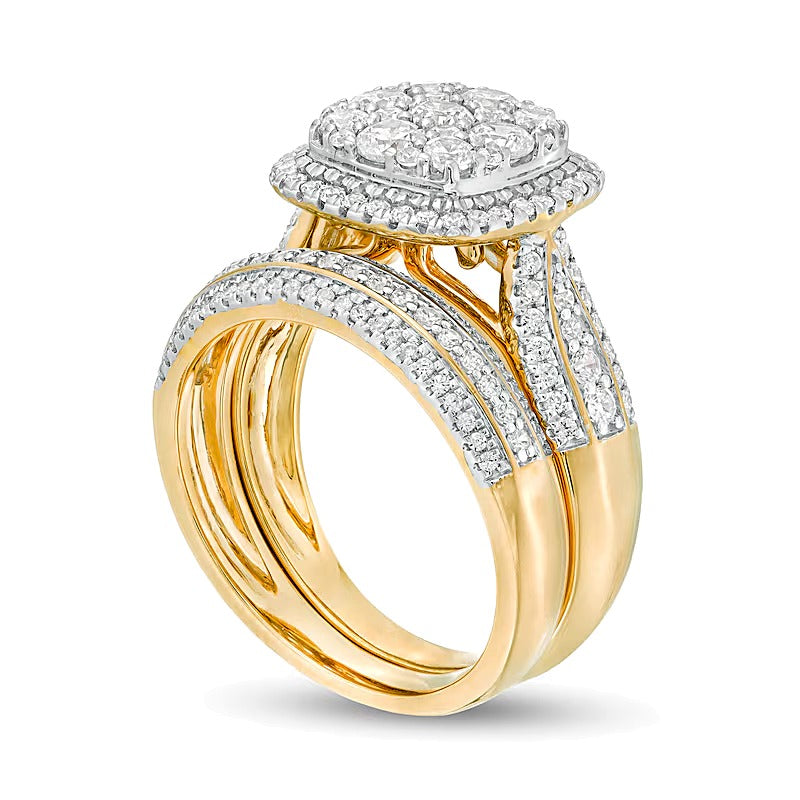 1.5 CT. TW Composite Diamond Cushion Frame Multi-Row Bridal Set in 10K Gold
