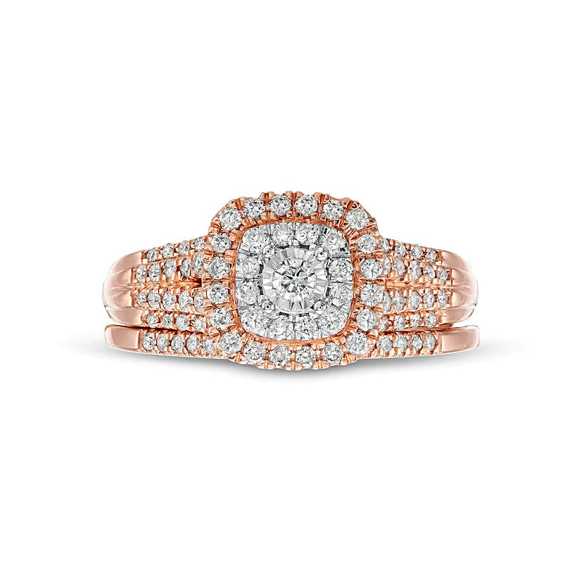 0.5 CT. TW Diamond Double Cushion-Shaped Multi-Row Bridal Set in 10K Rose Gold