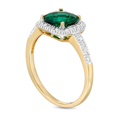 7.0mm Checkerboard Cushion-Shaped Lab-Created Emerald and 0.2 CT. TW Diamond Frame Ring in 10K Gold